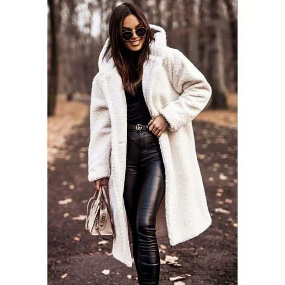 1 DAY SALE! Long Sleeve Hoodie Hooded Long Maxi Borg Teddy Bear Fur Coat - Picture 8 of 15